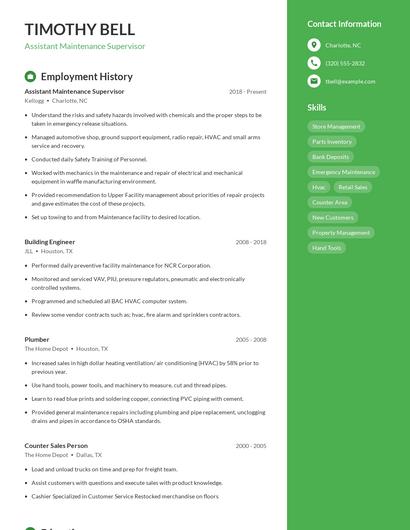 Assistant Maintenance Supervisor Resume