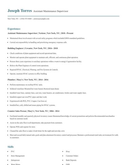 Assistant Maintenance Supervisor Resume