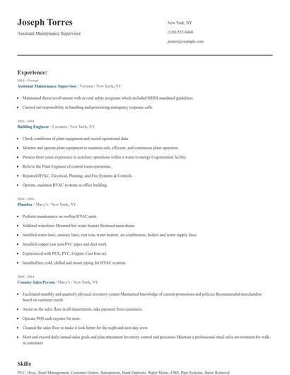 Assistant Maintenance Supervisor Resume