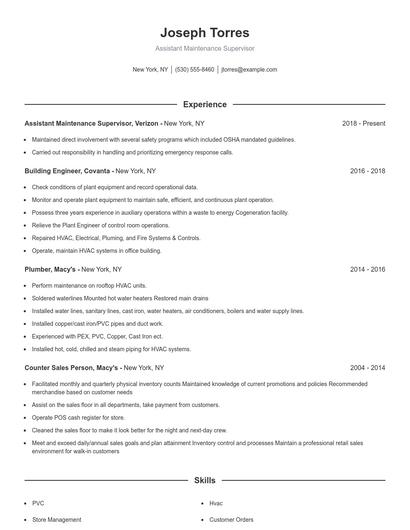Assistant Maintenance Supervisor Resume