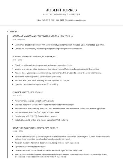 Assistant Maintenance Supervisor Resume