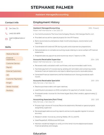 Assistant Manager/Accounting Resume
