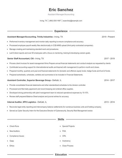 Assistant Manager/Accounting Resume