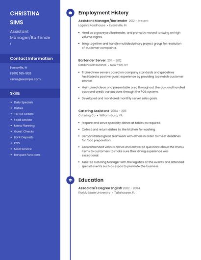 Assistant Manager/Bartender Resume