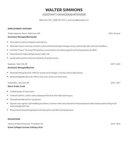 Assistant Manager/Bartender Resume