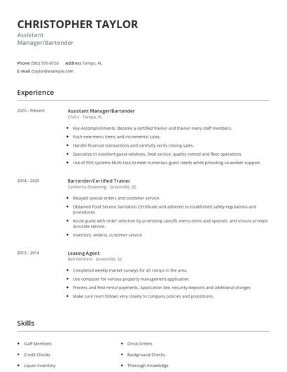 Assistant Manager/Bartender Resume