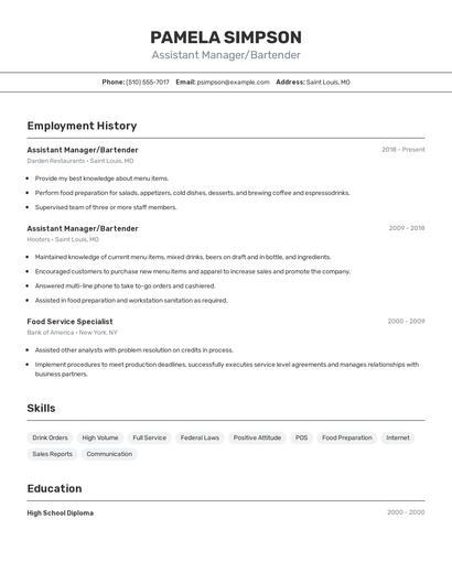 Assistant Manager/Bartender Resume