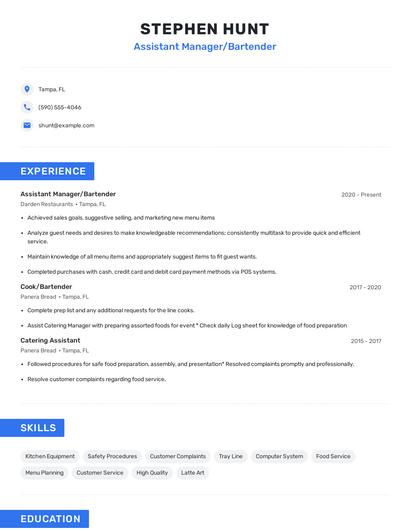 Assistant Manager/Bartender Resume