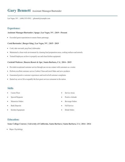 Assistant Manager/Bartender Resume