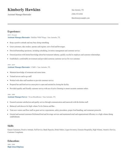 Assistant Manager/Bartender Resume