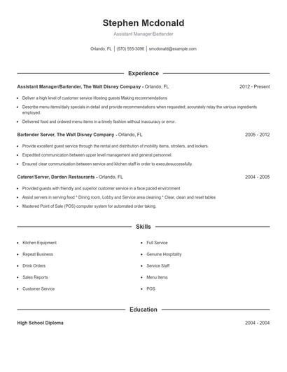 Assistant Manager/Bartender Resume