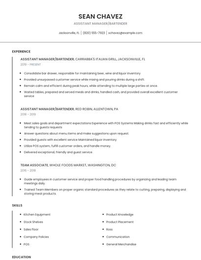 Assistant Manager/Bartender Resume