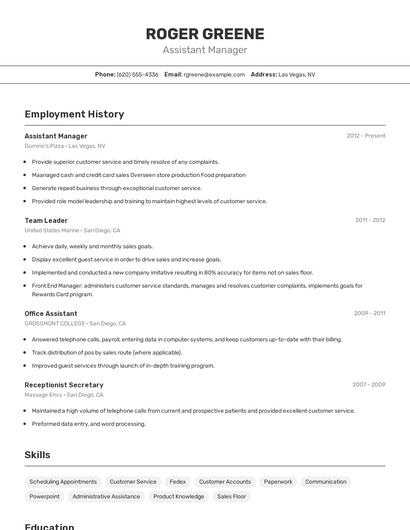 Assistant Manager Resume