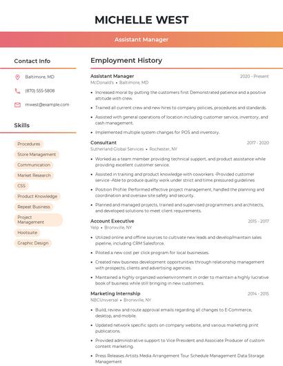 Assistant Manager Resume