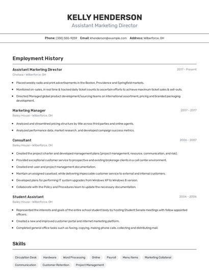 Assistant Marketing Director Resume