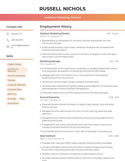 Assistant Marketing Director Resume