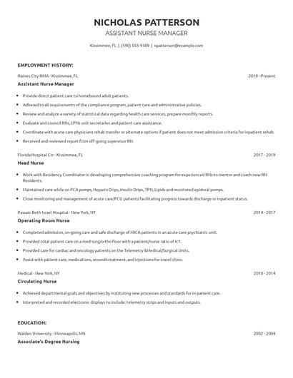 Assistant Nurse Manager Resume