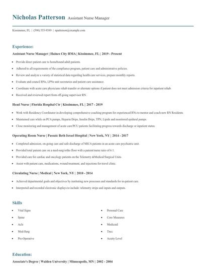 Assistant Nurse Manager Resume