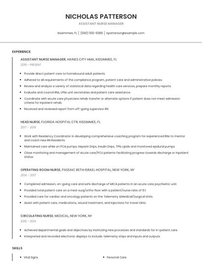Assistant Nurse Manager Resume