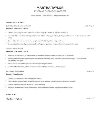Assistant Operations Officer Resume