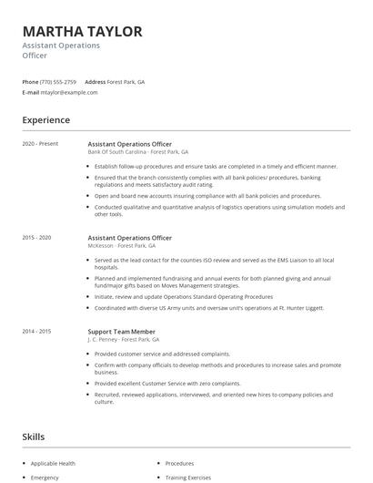 Assistant Operations Officer Resume