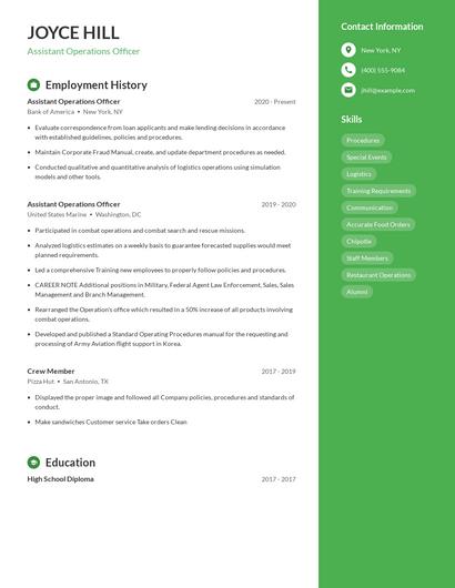 Assistant Operations Officer Resume