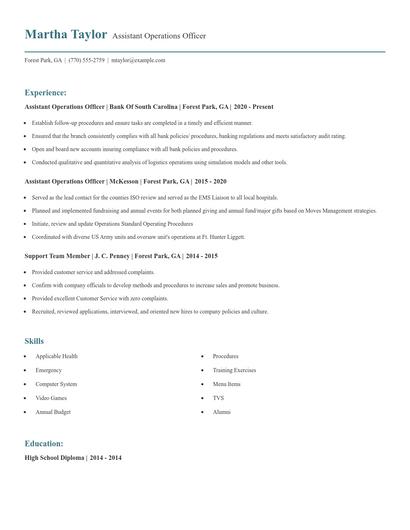 Assistant Operations Officer Resume