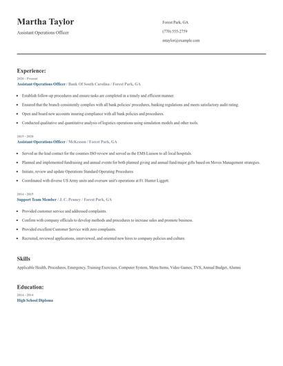 Assistant Operations Officer Resume