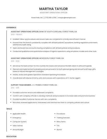 Assistant Operations Officer Resume