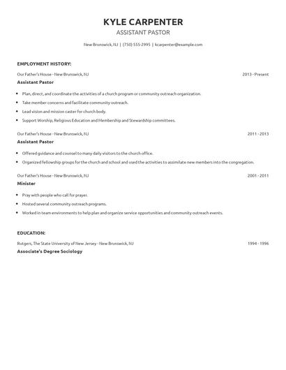 Assistant Pastor Resume