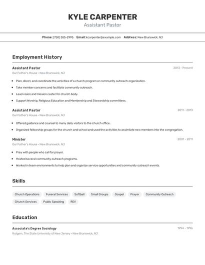 Assistant Pastor Resume
