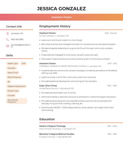 Assistant Pastor Resume