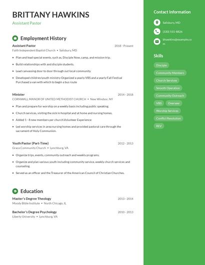 Assistant Pastor Resume