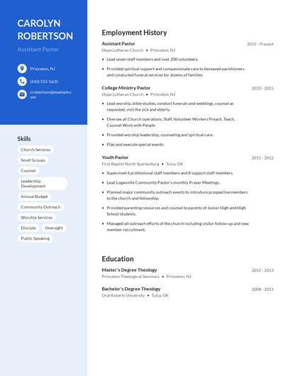 Assistant Pastor Resume