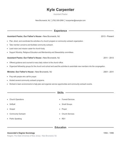 Assistant Pastor Resume