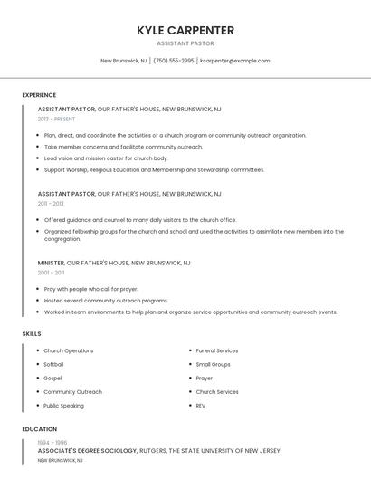 Assistant Pastor Resume