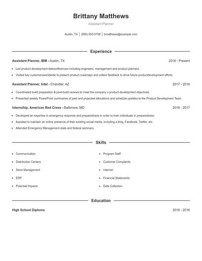 Assistant Planner Resume