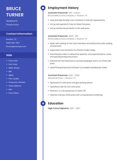 Assistant Pressman Resume