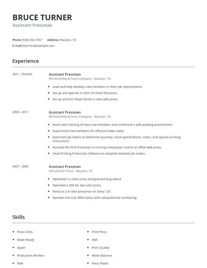 Assistant Pressman Resume