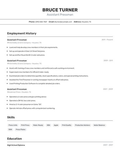 Assistant Pressman Resume