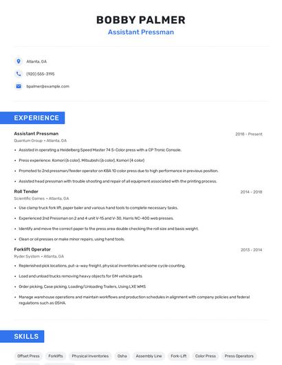 Assistant Pressman Resume