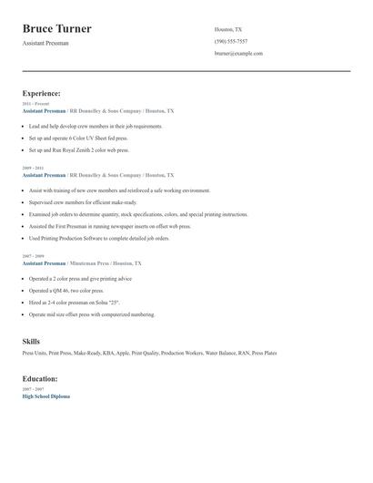 Assistant Pressman Resume