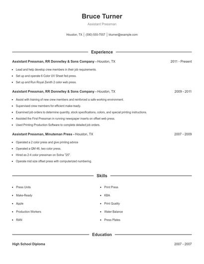 Assistant Pressman Resume