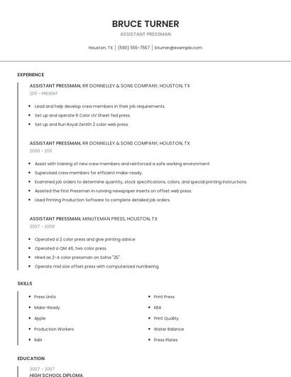 Assistant Pressman Resume
