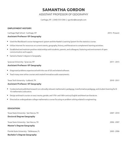 Assistant Professor Of Geography Resume