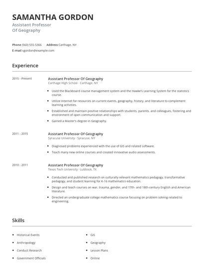 Assistant Professor Of Geography Resume