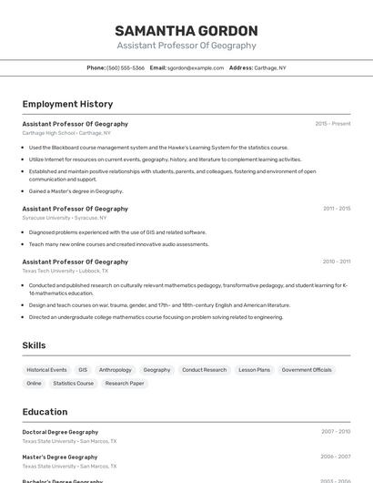 Assistant Professor Of Geography Resume