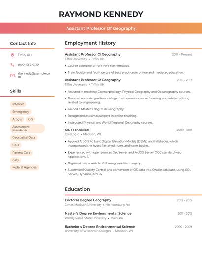 Assistant Professor Of Geography Resume