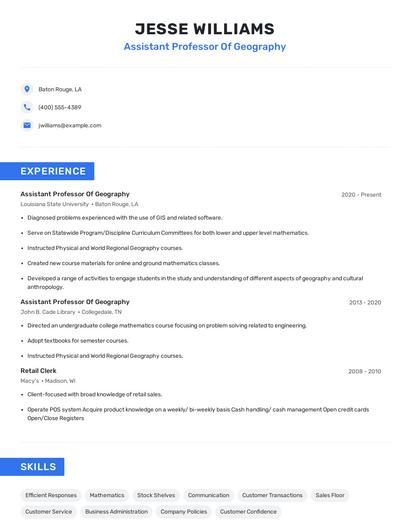 Assistant Professor Of Geography Resume
