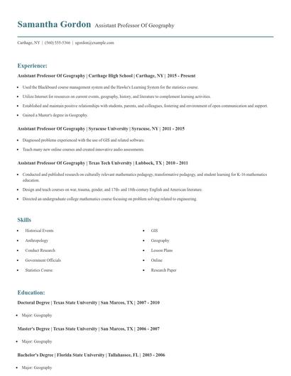Assistant Professor Of Geography Resume